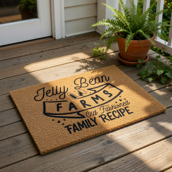 A decorative mat with the text "Jelly Bean Farms Old Fashioned Family Recipe" printed on it, placed on a wooden floor next to a Christmas tree and some holiday decorations.