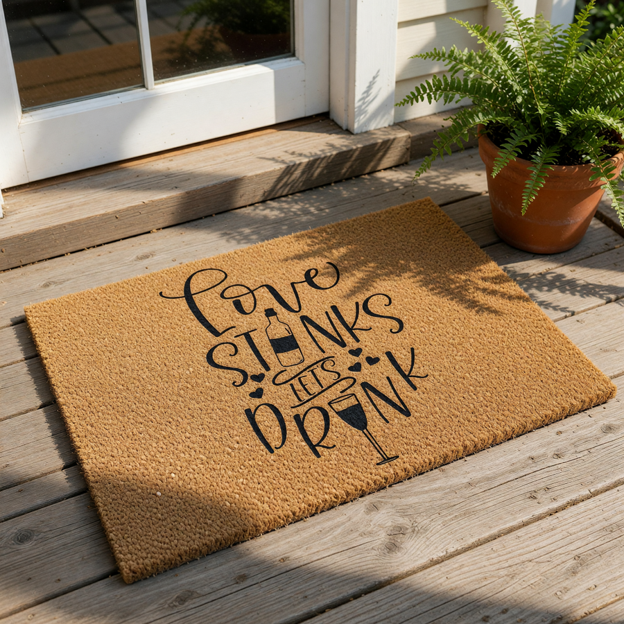 A door mat with a humorous text that reads "Love Stinks, Let's Drink" printed on it.