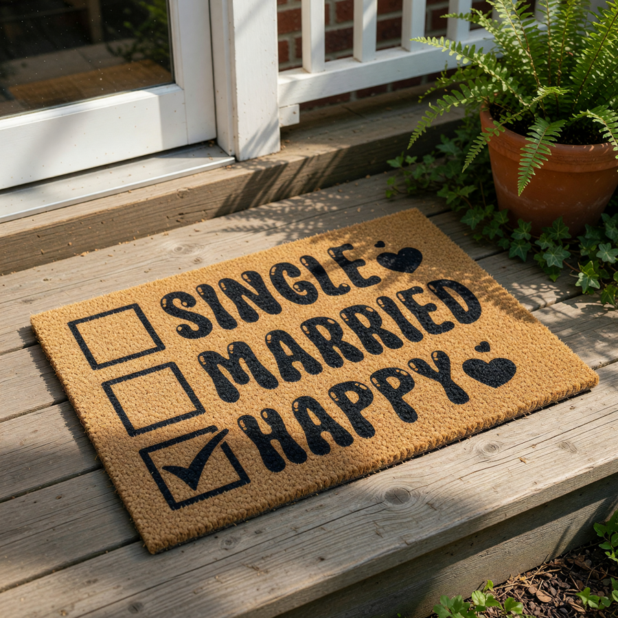 A door mat with the text "SINGLE | MARRIED | HAPPY" printed on it, along with checkboxes indicating whether someone is single, married, or happy.