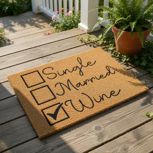 A door mat with the text "Single, Married, Wine" printed on it, along with checkboxes indicating the presence of each item.