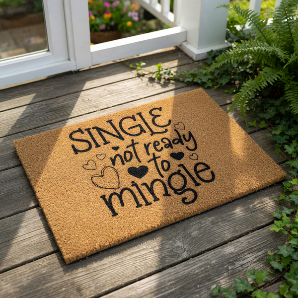 A door mat with the text "SINGLE not ready to mingle" printed on it.