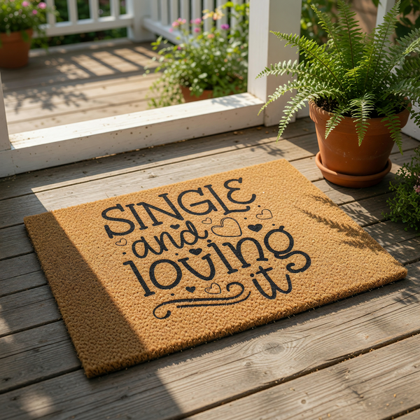 A person holding a sign with the text "SINGLE and loving it" in front of a vase of flowers.