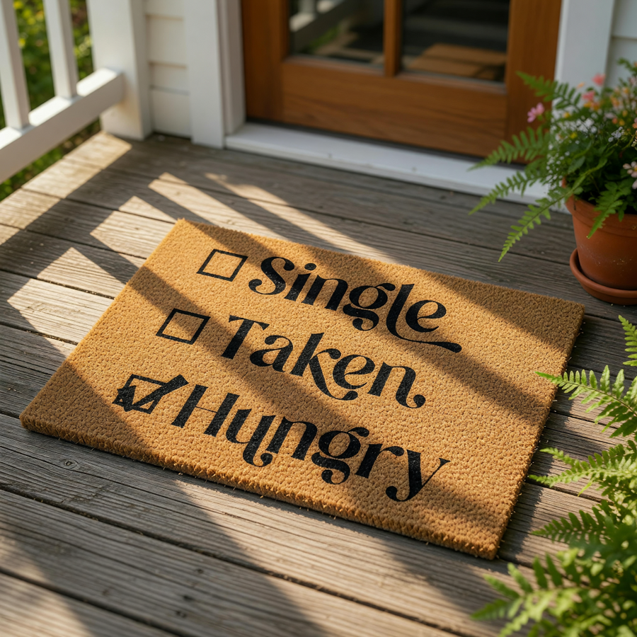 a door mat with the text "Single, Taken, Hungry" printed on it, along with a pumpkin decoration and some other fall-themed items.