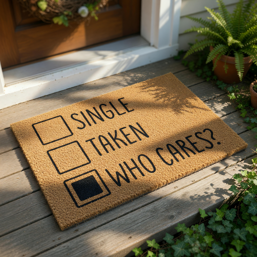 A door mat with the text "SINGLE TAKEN WHO CARE?" printed on it, along with a checkbox symbol indicating that someone has taken the mat.