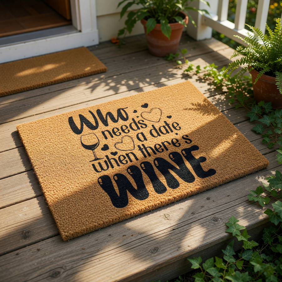 A door mat with a humorous text that reads "Who needs a date when there's wine" is placed on a white surface next to a pumpkin and some decorative items.