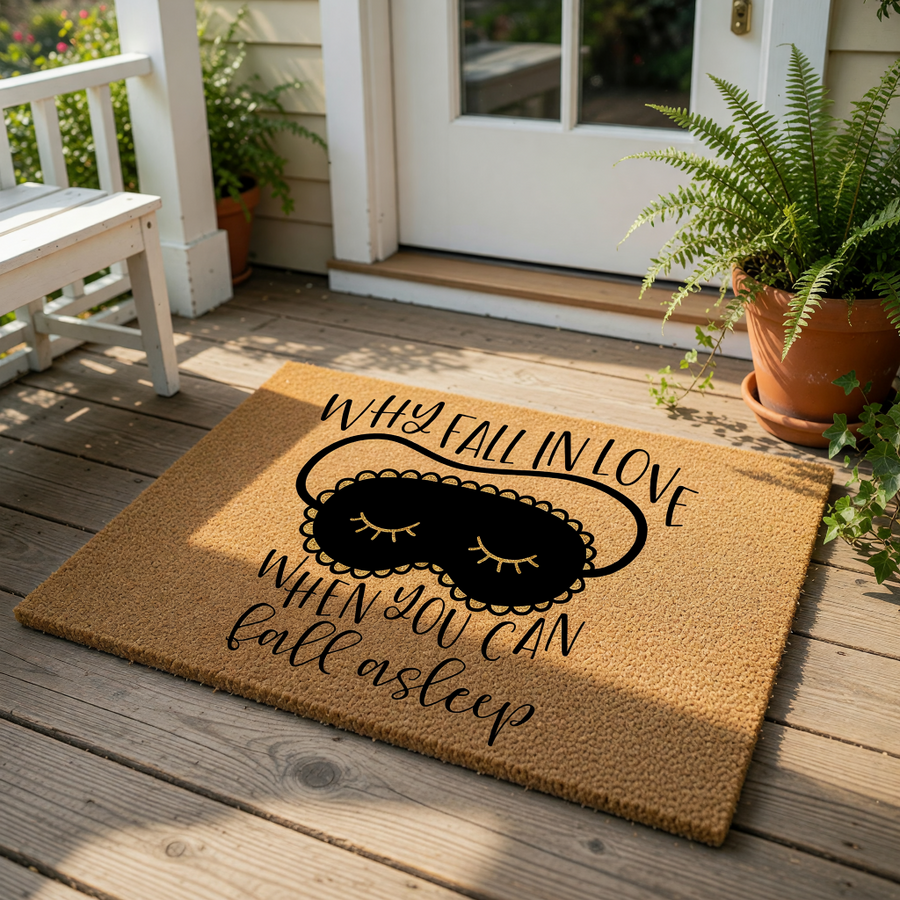 a door mat with a humorous text and a black eye mask graphic.