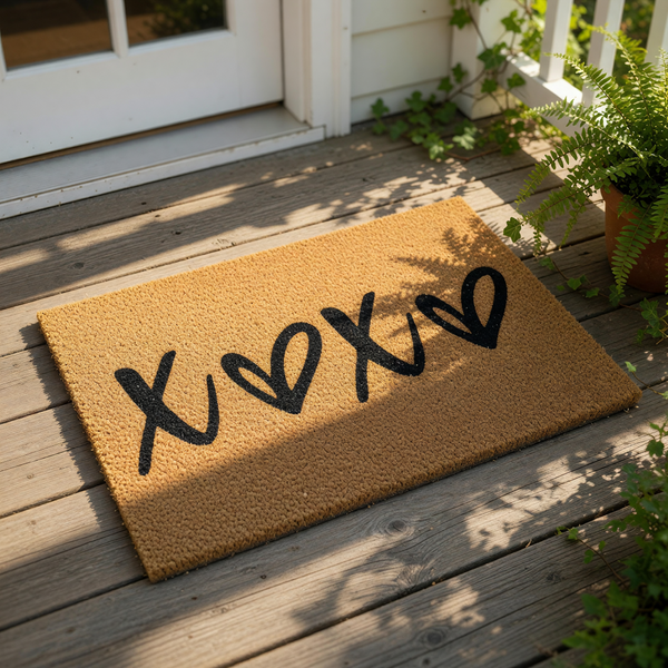 A door mat with the word "XOXO" written on it in a stylized font.