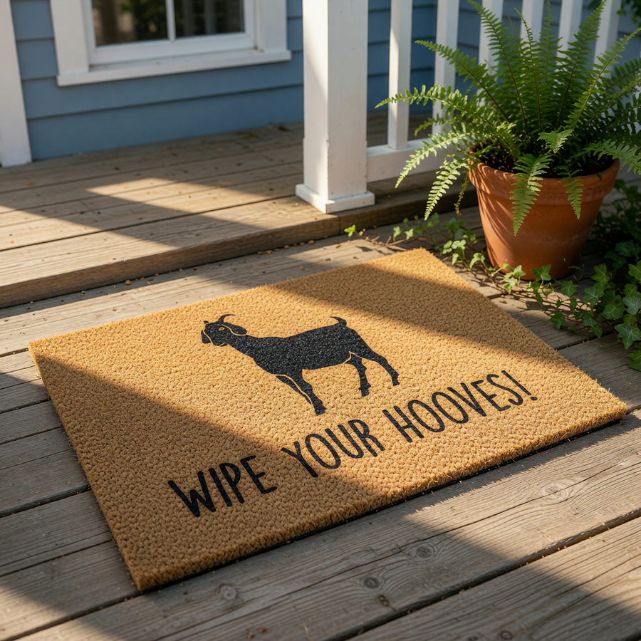 A black silhouette of a goat standing on a beige surface with the text "WIPE YOUR HOOVES!" below it.
