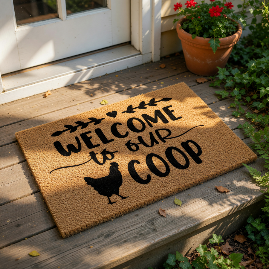 a textured area rug with the phrase "Welcome to our Coop" printed on it.