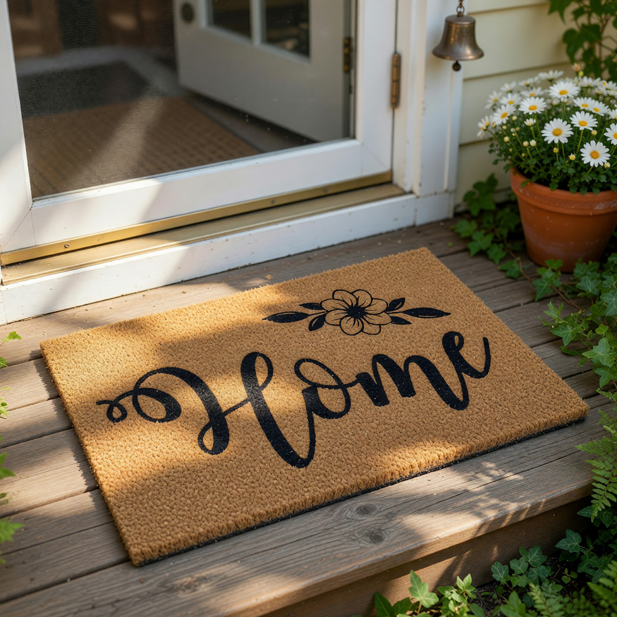 A textured area rug with the word "Home" written on it in a cursive font.
