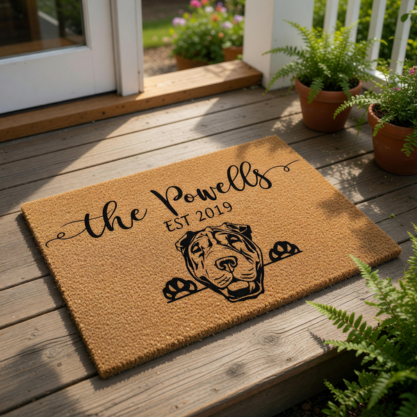 A rectangular, light brown doormat with a black and white illustration of a dog's head and paw prints.