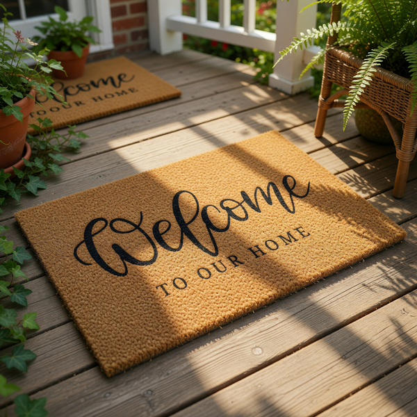 A welcome mat with the text "Welcome to our home" printed on it.
