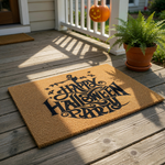 A door mat with the text "Happy Halloween Party" printed on it.