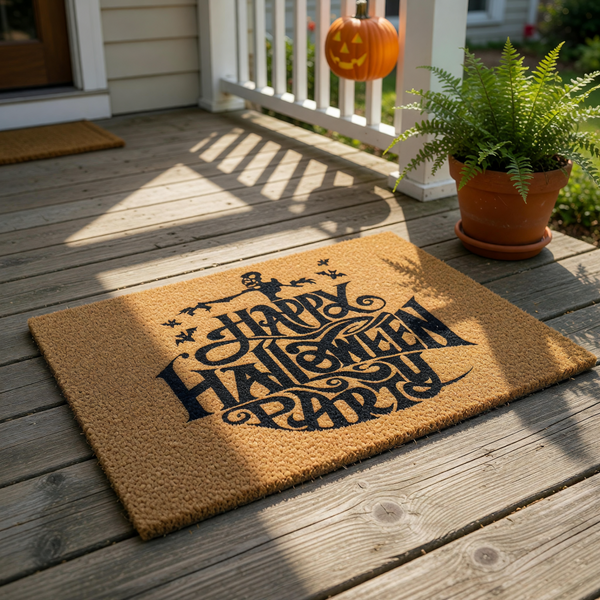 A door mat with the text "Happy Halloween Party" printed on it.