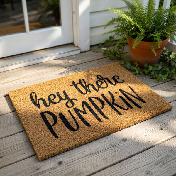 a textured area rug with the phrase "hey there PUMPKIN" printed on it in a decorative font.