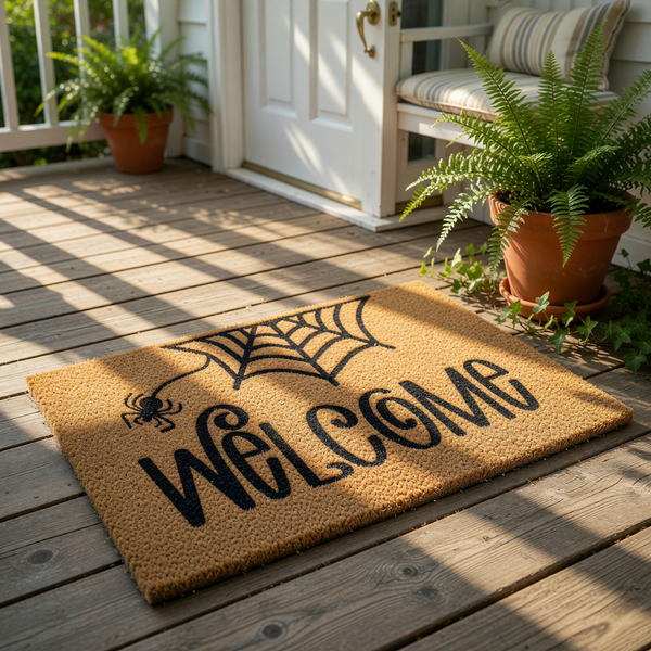 A welcome mat with the word "Welcome" written on it, along with a spider and a web design.