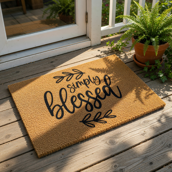 A textured doormat with the phrase "Simply Blessed" printed on it, along with decorative leaves.