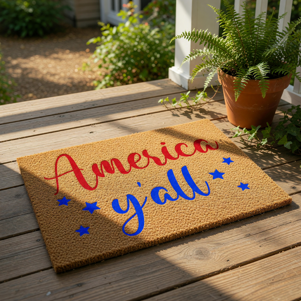 A textured doormat with the phrase "America y'all" written on it in red and blue cursive lettering.