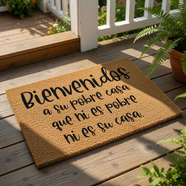 A welcome mat with the text "Bienvenidos a su pobre casa que ni es pobre ni es su casa" (Welcome to your new home) written on it.