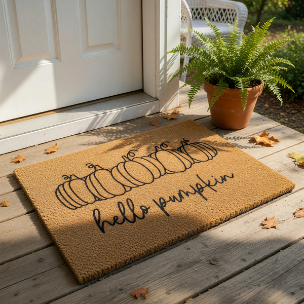 A textured door mat with a line of stylized pumpkins and the phrase "Hello pumpkin" written on it.