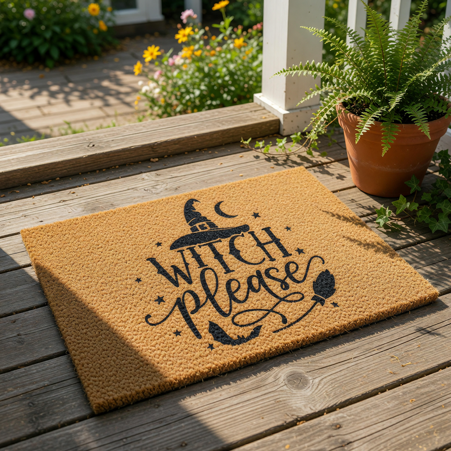 A door mat with a black and white design featuring the text "Witch please" and a witch's hat silhouette.