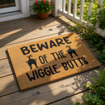 a textured area rug with the phrase "BEWARE OF THE WIGGLES" printed on it.