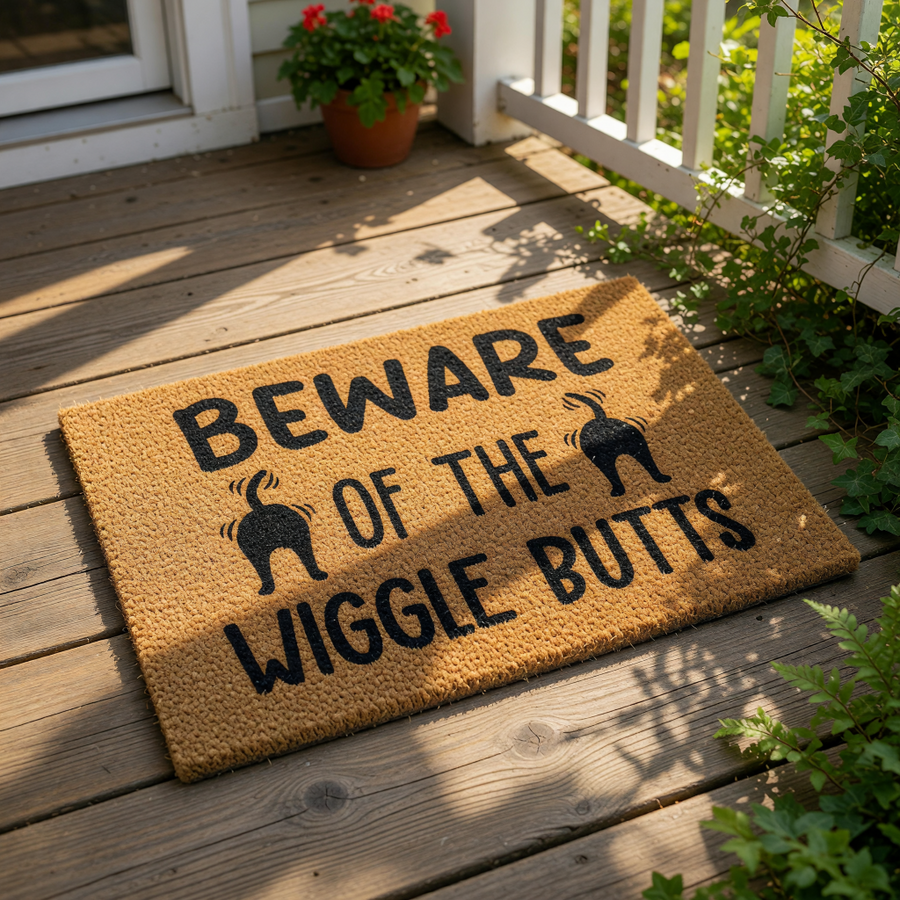 a textured area rug with the phrase "BEWARE OF THE WIGGLES" printed on it.