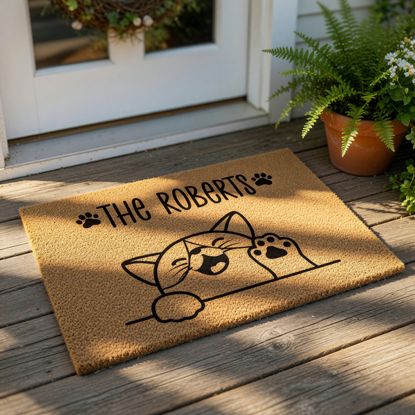 A black and white illustration of a cat with a smiling expression, accompanied by the text "The Roberts" above it.