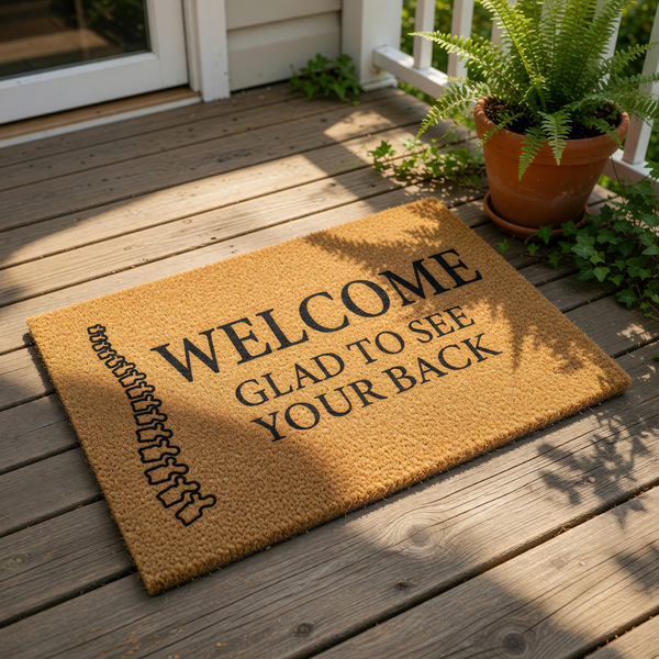 a textured area rug with the phrase "Welcome Glad to see your back" printed on it.