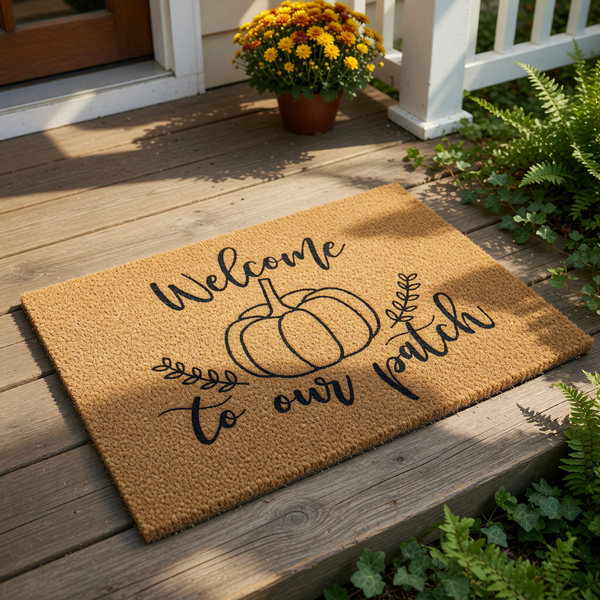 A textured door mat with the text "Welcome to our patch" printed on it, along with a pumpkin graphic.