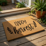 A textured door mat with the phrase "HAPPY HARVEST" printed on it.