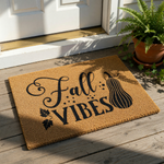 A textured door mat with the phrase "Fall Vibes" printed on it, along with a pumpkin and leaves.