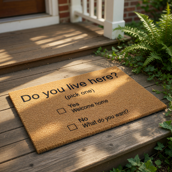 The image is a door mat with a question asking "Do you live here?" and options for "Yes" or "No" with "Welcome home" written underneath.