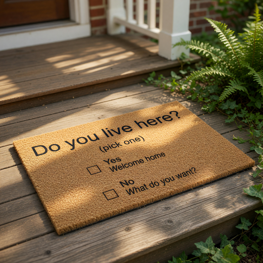 The image is a door mat with a question asking "Do you live here?" and options for "Yes" or "No" with "Welcome home" written underneath.