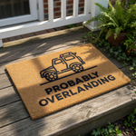A black and white illustration of a jeep on a mat with the text "Probably Overlanding" below it.