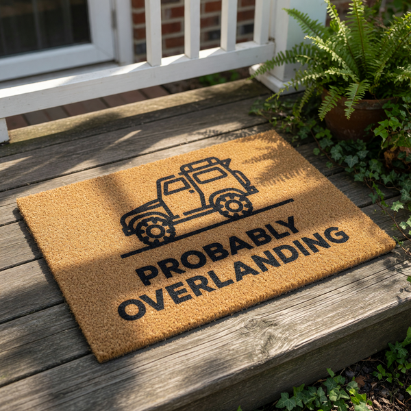 A black and white illustration of a jeep on a mat with the text "Probably Overlanding" below it.
