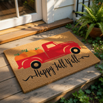 A red truck with a pumpkin on the back, accompanied by the text "Happy Fall Y'all"