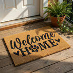 a welcoming mat with the text "Welcome Home" on it, placed in front of a door with a window.