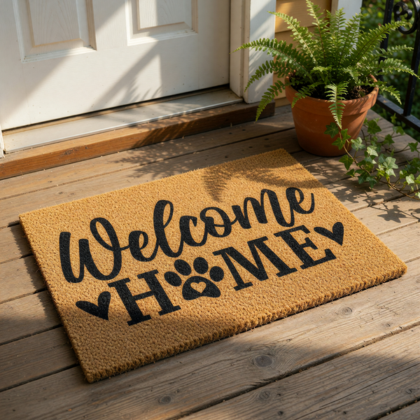 a welcoming mat with the text "Welcome Home" on it, placed in front of a door with a window.
