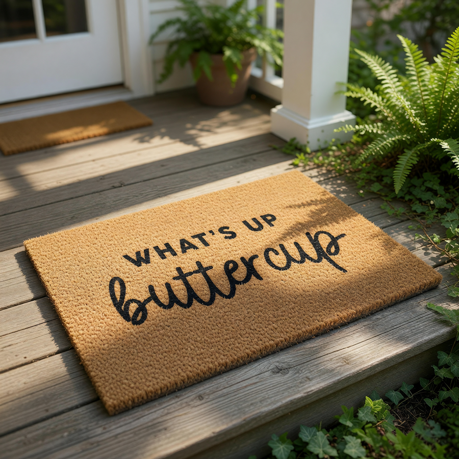 A textured area rug with the phrase "WHAT'S UP BUTTERCUP" printed on it.