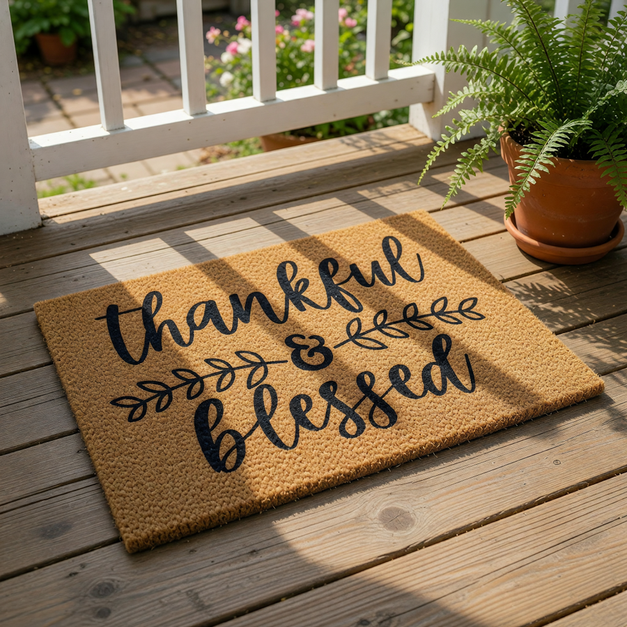 A textured area rug with the phrase "Thankful & Blessed" printed on it.