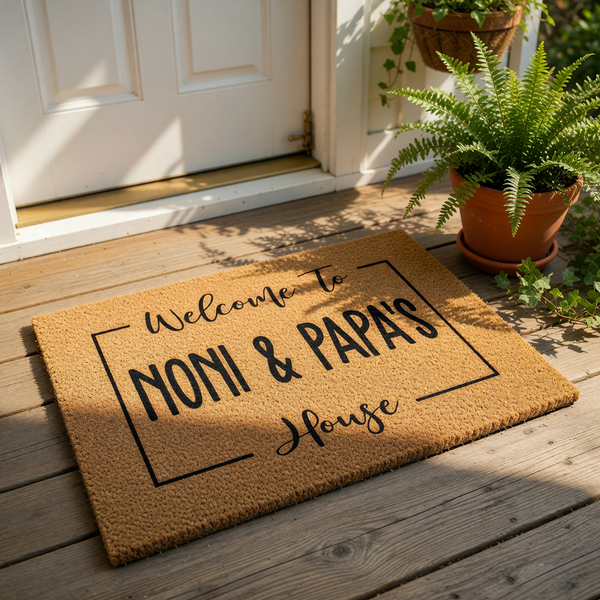 A welcome mat with the text "Welcome To Noni & Papa's House" printed on it, surrounded by greenery and a straw hat.