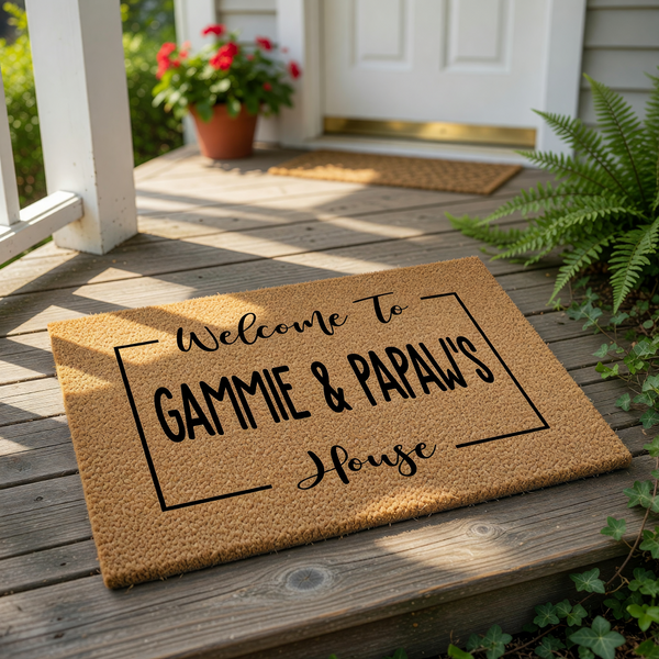 a welcome mat with the text "Welcome to Gammie & Papaw's House" written on it.