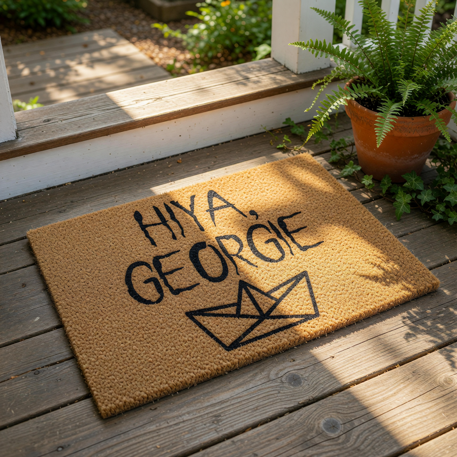 A beige doormat with the text "HIYA GEORGIE" printed on it, along with a small boat icon.