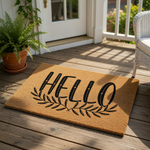 A textured door mat with the word "HELLO" printed on it, along with a circular logo that reads "WOOD BY STU - EST. 2010".