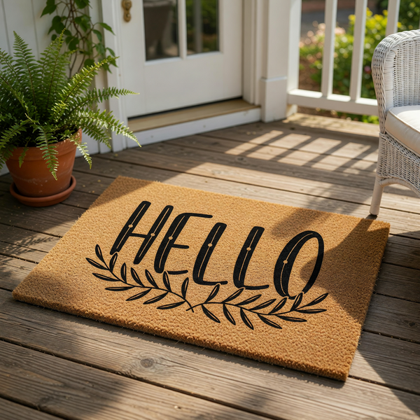 A textured door mat with the word "HELLO" printed on it, along with a circular logo that reads "WOOD BY STU - EST. 2010".