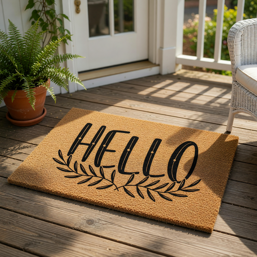 A textured door mat with the word "HELLO" printed on it, along with a circular logo that reads "WOOD BY STU - EST. 2010".