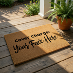 A textured doormat with the text "Cover Charge: Your Fave Here" printed on it.