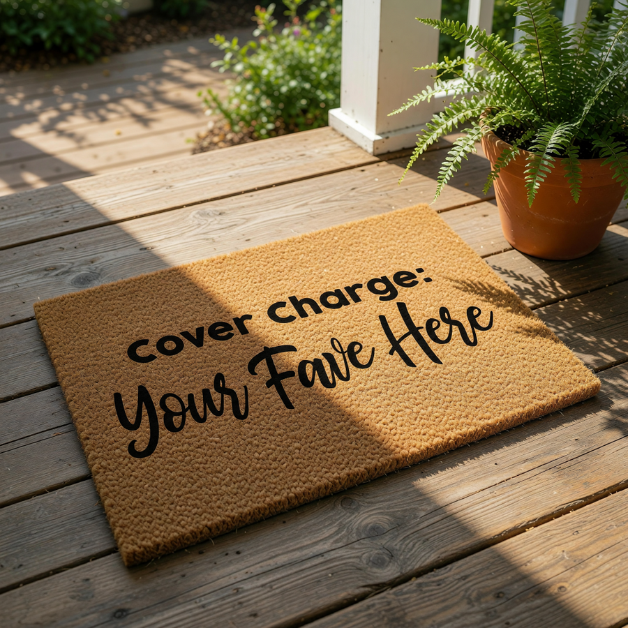 A textured doormat with the text "Cover Charge: Your Fave Here" printed on it.