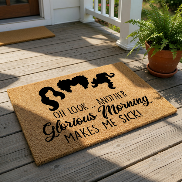 A door mat with a humorous text and silhouettes of characters from the Hocus Pocus movie franchise.
